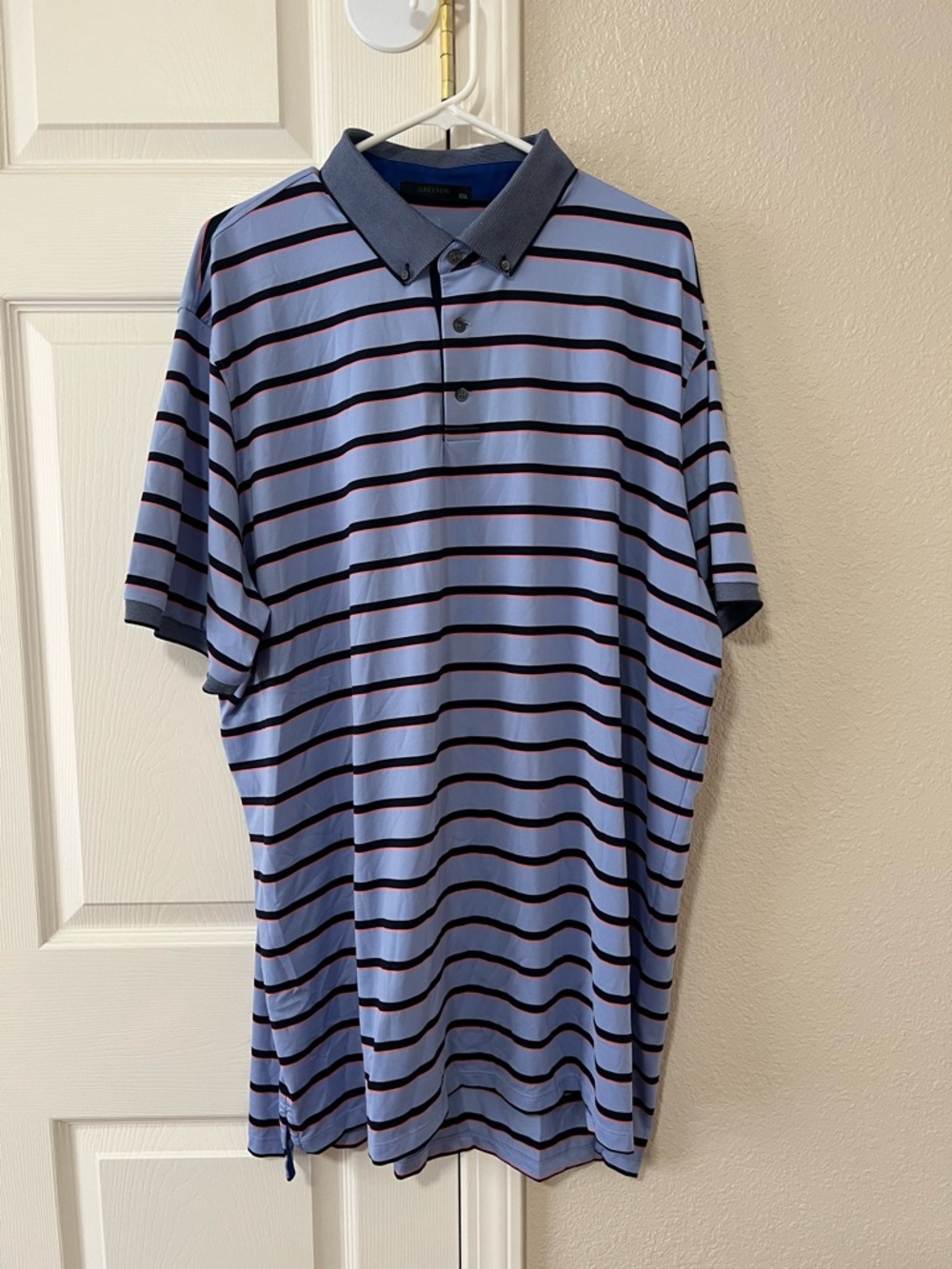 Greyson Men’s Blue & Salmon Striped Performance Golf Polo Size XXL